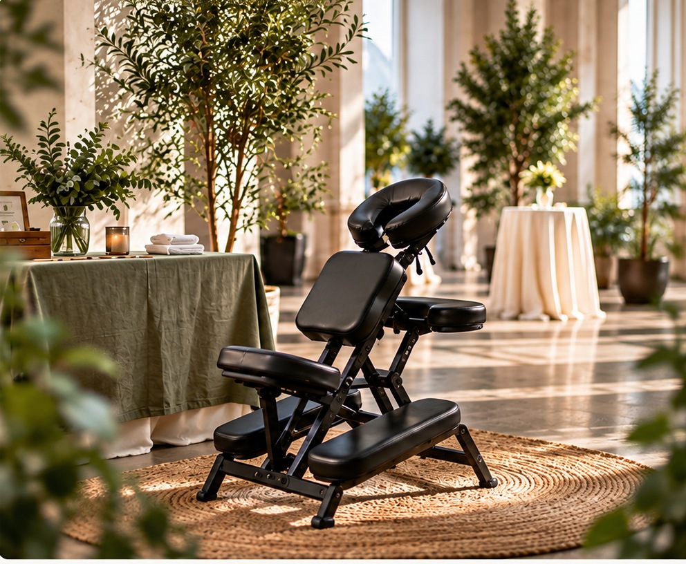 Illustrative massage chair setup in an elegant event venue with greenery