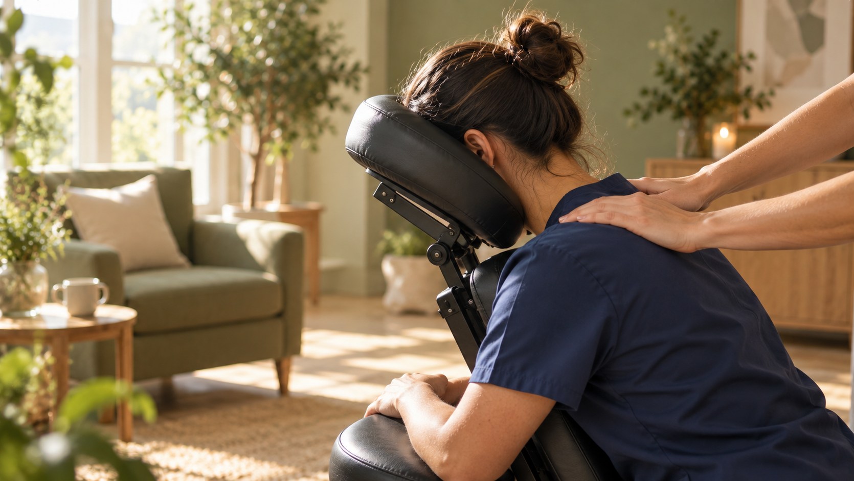Illustrative image of a healthcare professional in navy scrubs receiving seated shoulder massage, with only the therapist's hands visible