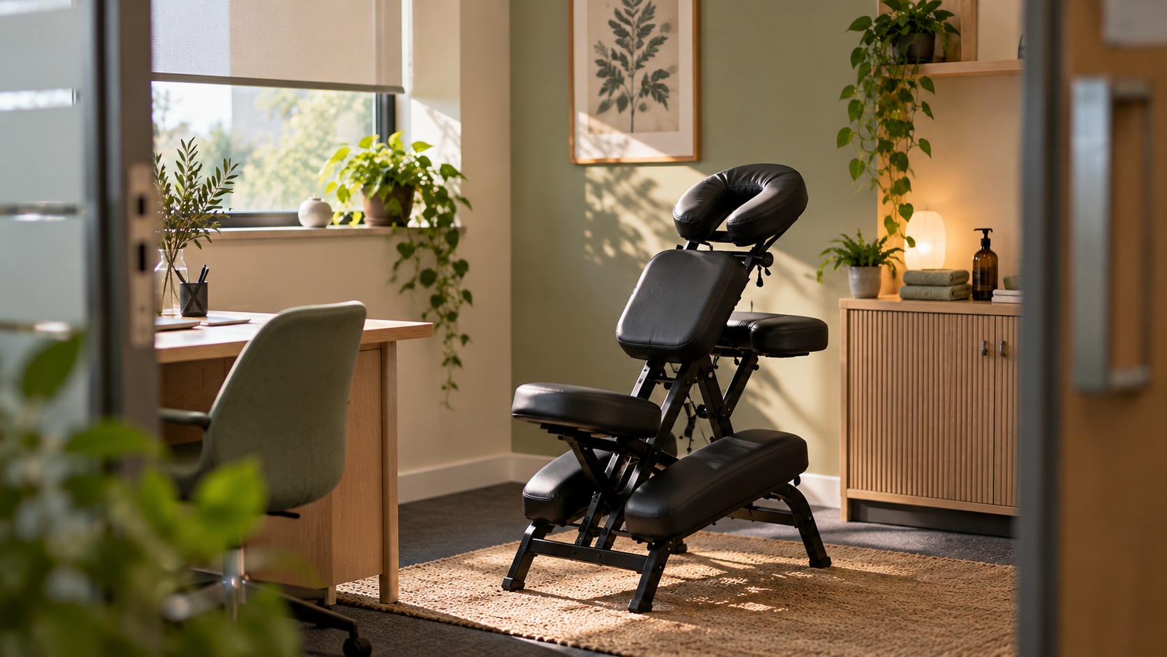 Illustrative massage chair set up in a quiet, enclosed office room with warm natural light and greenery